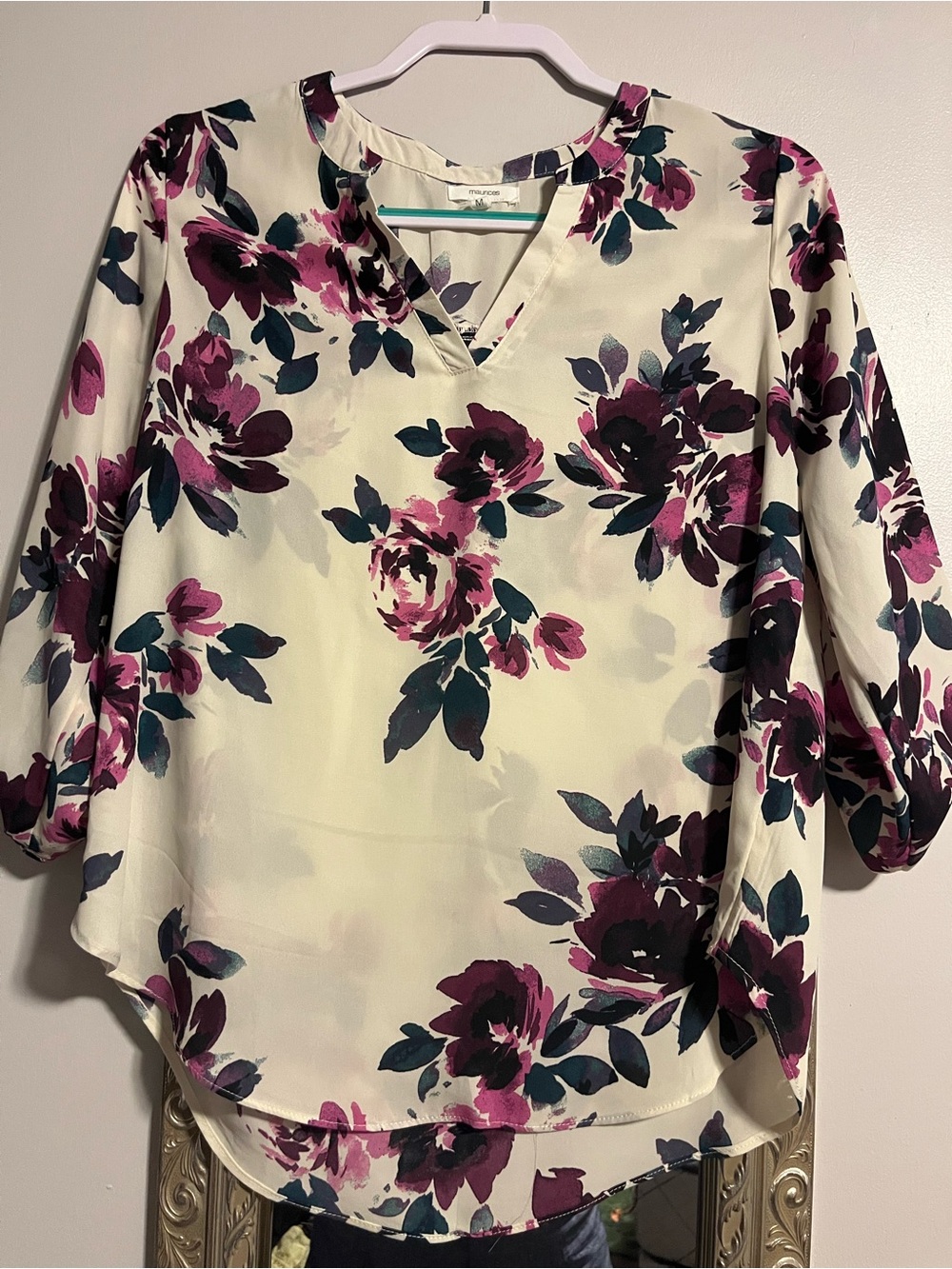 Maurices Cream Blouse with Plum and Teal Floral Print